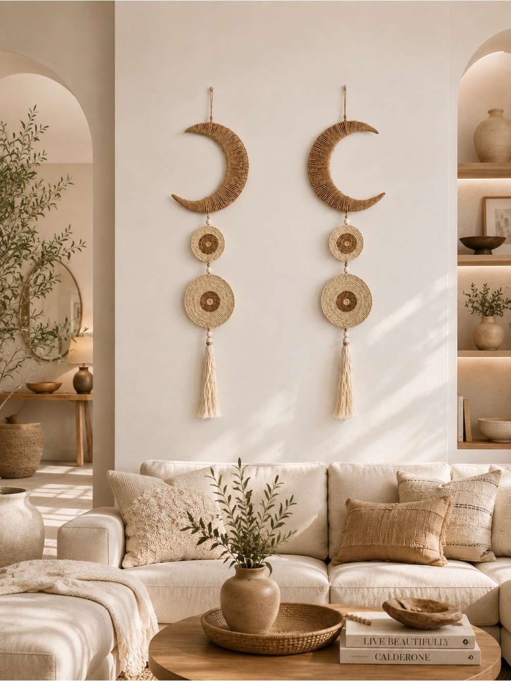 2 PCS Woven Moon & Tassel Wall Hanging 10” W x 32” L- Natural Beige Jute